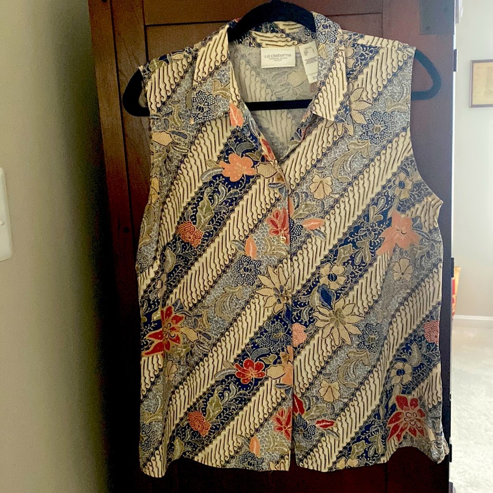 Sleeveless silk Liz Claiborne button front tailored blouse sz LP